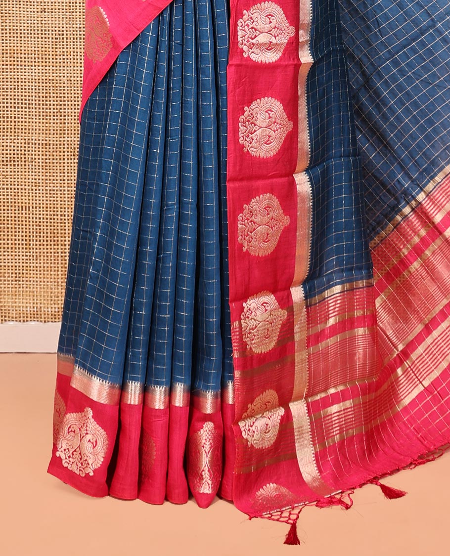 Blue Assam Silk Saree, Bedecked with Checks, Complemented by Contrast Peacock Design Border, Zari-Striped Pallu, and a Contrast Blouse