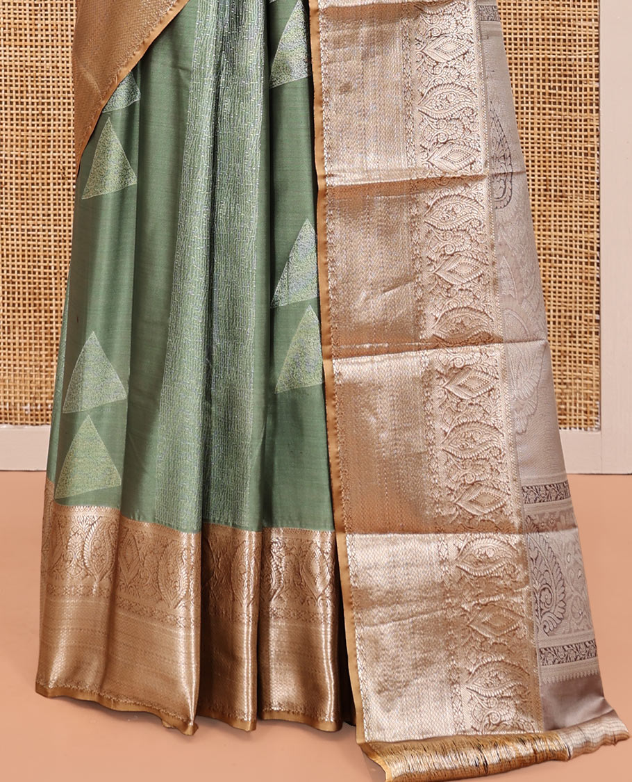 Green Budget Silk Saree, Bedecked with Stripes and Buttas, Contrast Traditional Zari Border, Intricate Pallu, and a Contrast Blouse