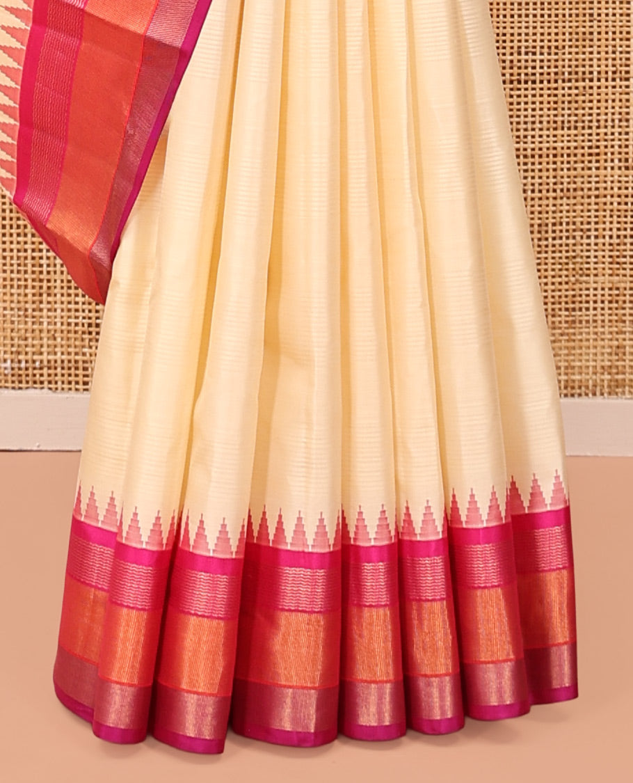 Cream-Striped Bangalore Silk Saree, Complemented by a Contrast Temple Ganga-Jamuna Border, Pallu of Temple and Neli Designs, and a Contrast Blouse