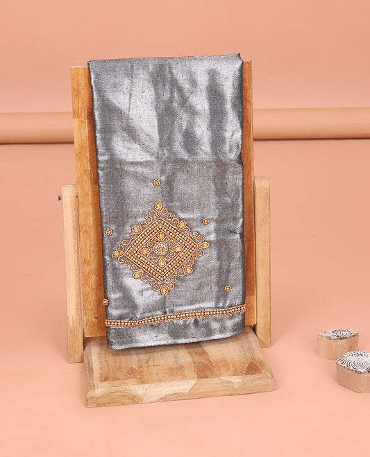 Gleaming Grey Aari Material Blouse Enlivened with Floral Design in Beads Embroidery
