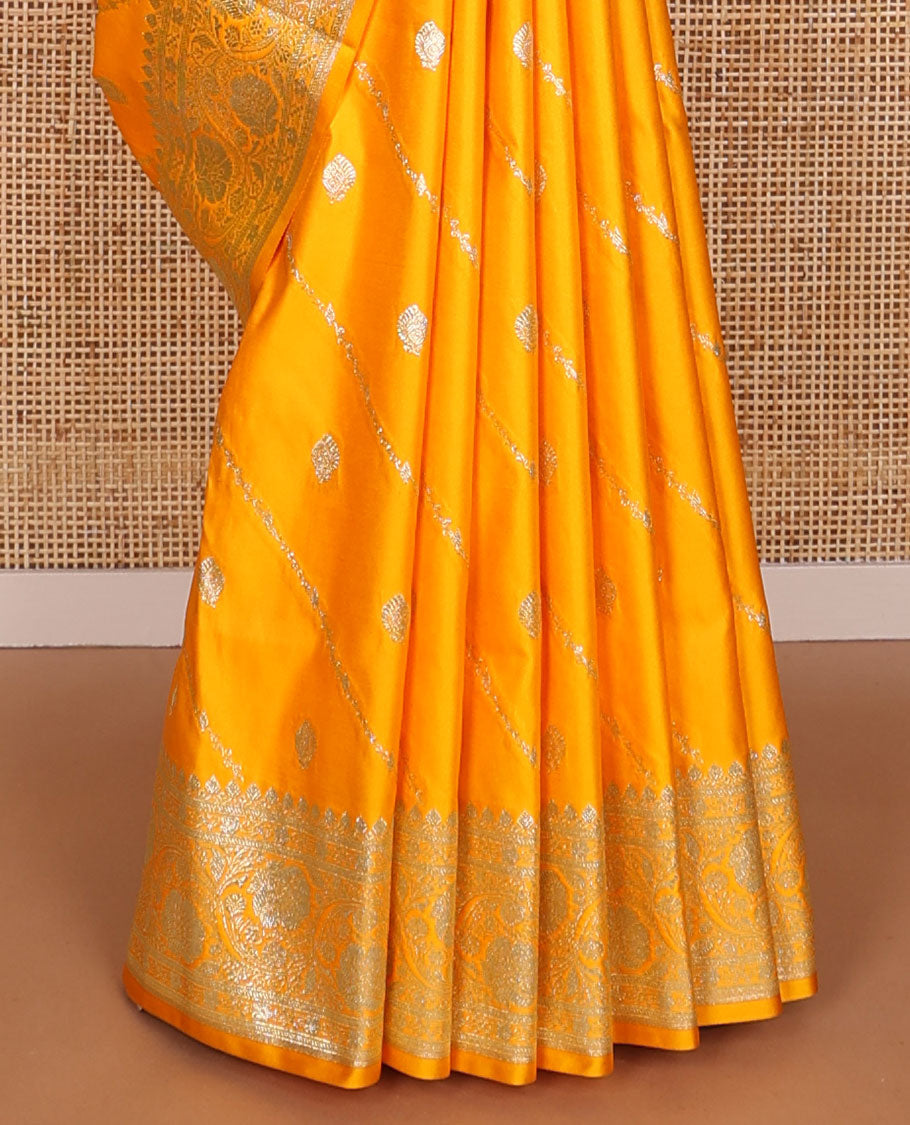 Orange  floral design semi banaras nylon saree with self floral zari design border & floral design pallu