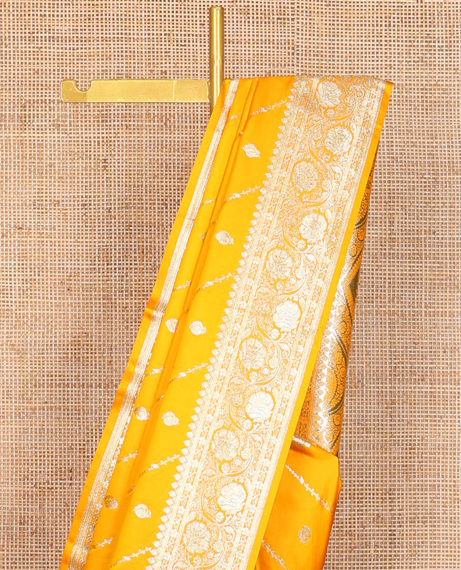 Orange  floral design semi banaras nylon saree with self floral zari design border & floral design pallu