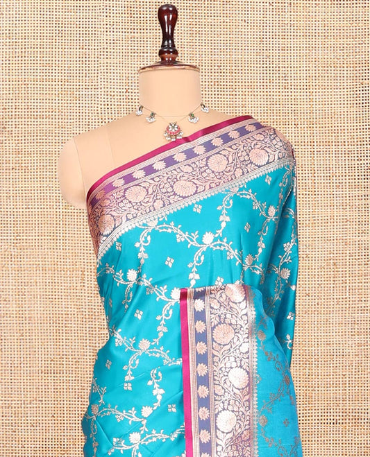 Blue Banarasi Nylon Saree, Spotlighted with Jacquard, Contrast Floral Creeper Zari Border, Intricate Pallu, and a Contrast Blouse
