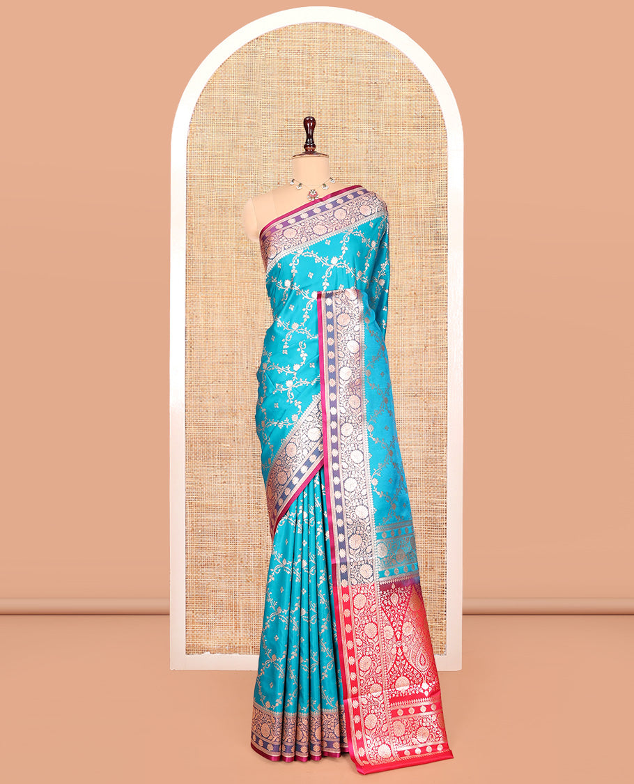 Blue Banarasi Nylon Saree, Spotlighted with Jacquard, Contrast Floral Creeper Zari Border, Intricate Pallu, and a Contrast Blouse
