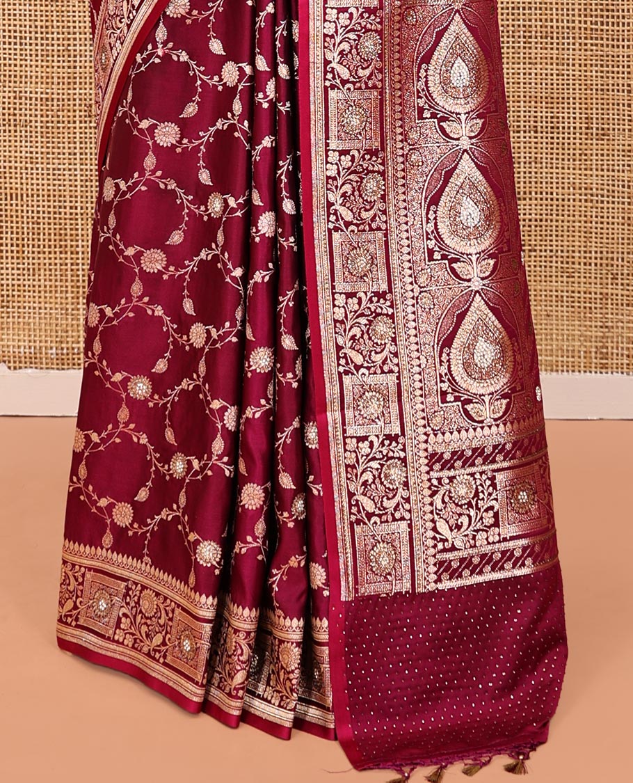 Red Wine Banarasi Satin Saree, Decked Up with Floral Jaal Jacquard, a Floral Creeper Border, Intricate Stonework Pallu, and a Matching Blouse