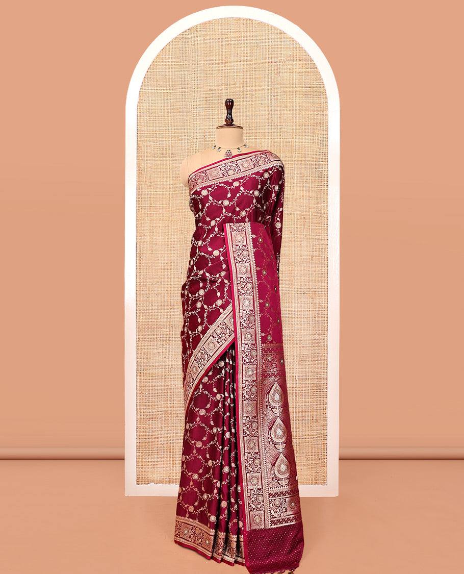 Red Wine Banarasi Satin Saree, Decked Up with Floral Jaal Jacquard, a Floral Creeper Border, Intricate Stonework Pallu, and a Matching Blouse