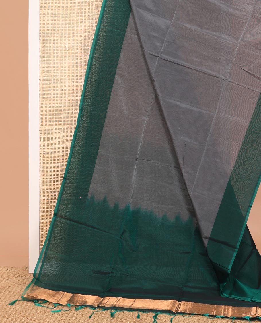 Grey plain semi-silk cotton saree, contrast plain border, and pallu