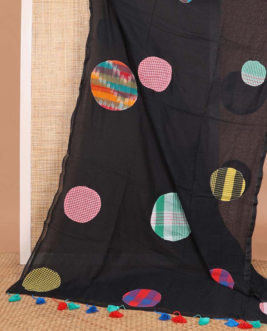 Borderless black cloth patch work-style big polka dotted saree with multi-color tassels