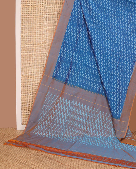 Blue buttas ikkat cotton saree, contrast border, and chevron striped pallu