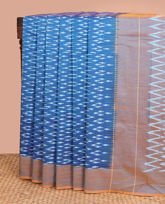 Blue buttas ikkat cotton saree, contrast border, and chevron striped pallu
