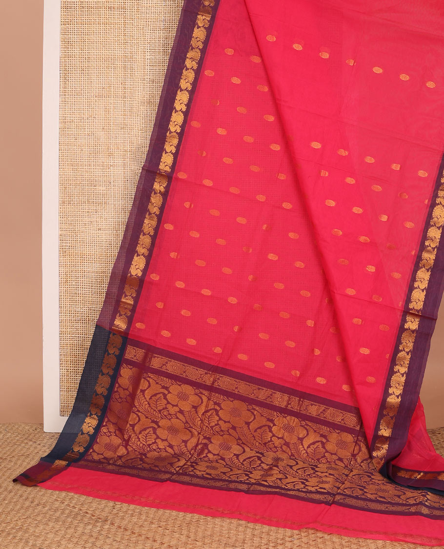 Pink zari buttas Venkatagiri cotton saree, contrast zari border of peacock motifs, and floral design pallu