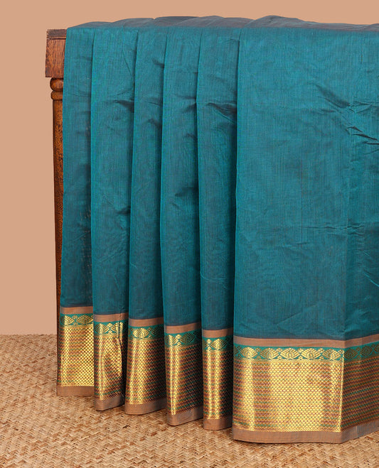 Blue plain Venkatagiri cotton saree with contrast traditional zari border, and pallu of zari stripes