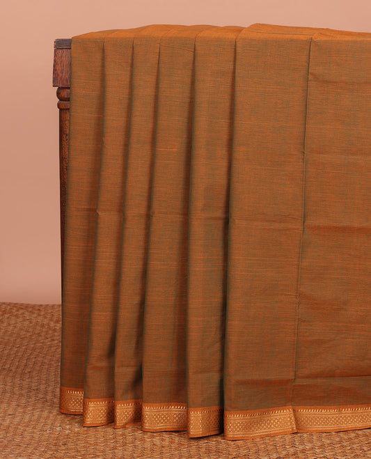Brown Plain Mangalagiri Cotton Saree, Complemented by Contrast Traditional Zari Border, Gleaming Zari Pallu, and Paired with a Matching Blouse