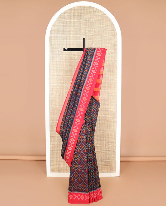 Black floral ogee design ikkat cotton saree with contrast floral design border & geometric design pallu
