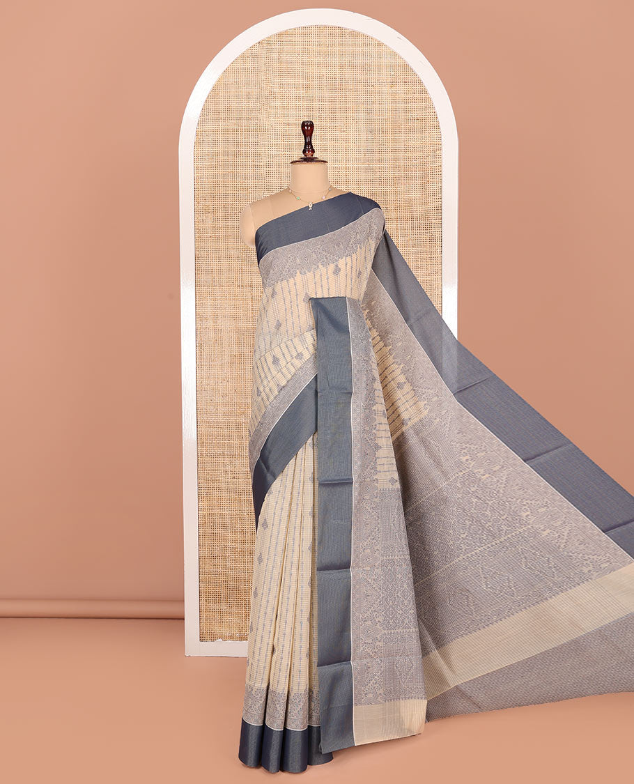 Sandal Semi-Silk Cotton Saree, Adorned with Stripes and Buttas All Over Its Body, Complemented by Contrast Border, Pallu of Intricate Designs, and Paired with a Matching Blouse