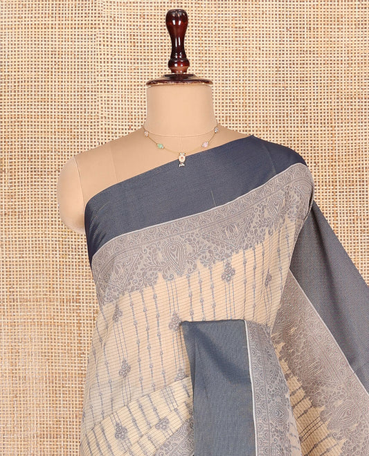 Sandal Semi-Silk Cotton Saree, Adorned with Stripes and Buttas All Over Its Body, Complemented by Contrast Border, Pallu of Intricate Designs, and Paired with a Matching Blouse