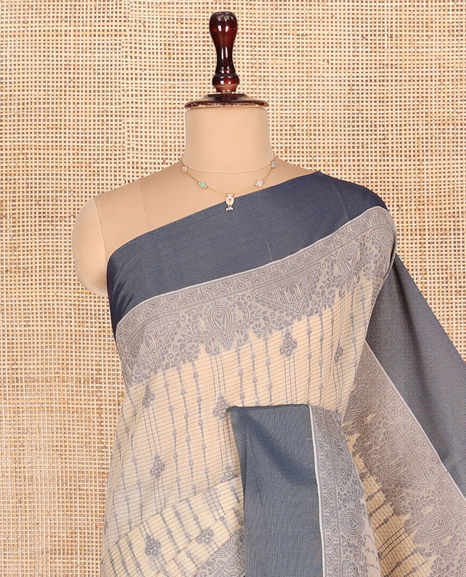 Sandal Semi-Silk Cotton Saree, Adorned with Stripes and Buttas All Over Its Body, Complemented by Contrast Border, Pallu of Intricate Designs, and Paired with a Matching Blouse
