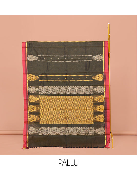 Green Kanchi Cotton Saree, Delicately Woven with Stripes and Buttas All Over Its Body, Complemented by Contrast Border, Jaal Pallu and Paired with a Matching Blouse