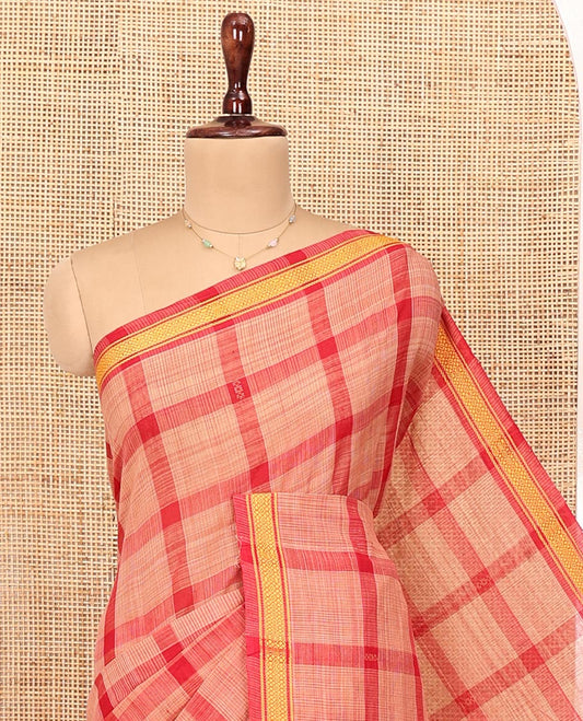 Red Andhra Cotton Saree, Showcasing Big Checked Design All Over Its Body, Subtly Sparked with a Traditional Border, Pallu of Stripes, and Paired with a Matching Blouse