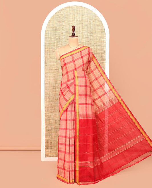 Red Andhra Cotton Saree, Showcasing Big Checked Design All Over Its Body, Subtly Sparked with a Traditional Border, Pallu of Stripes, and Paired with a Matching Blouse
