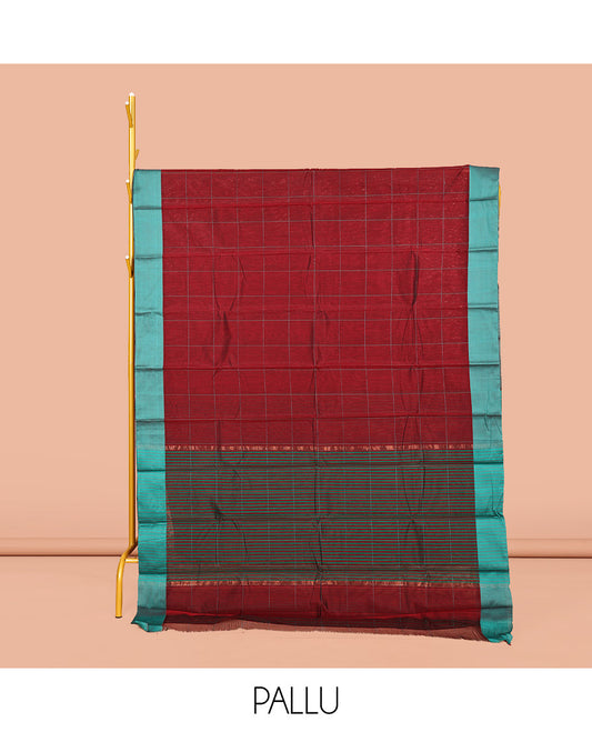 Maroon Semi-Silk Cotton Saree, Sparsely Sparkled with Checks All Over Its Body, Complemented by a Contrast Border, Contrast Pallu, and Paired with a Contrast Blouse