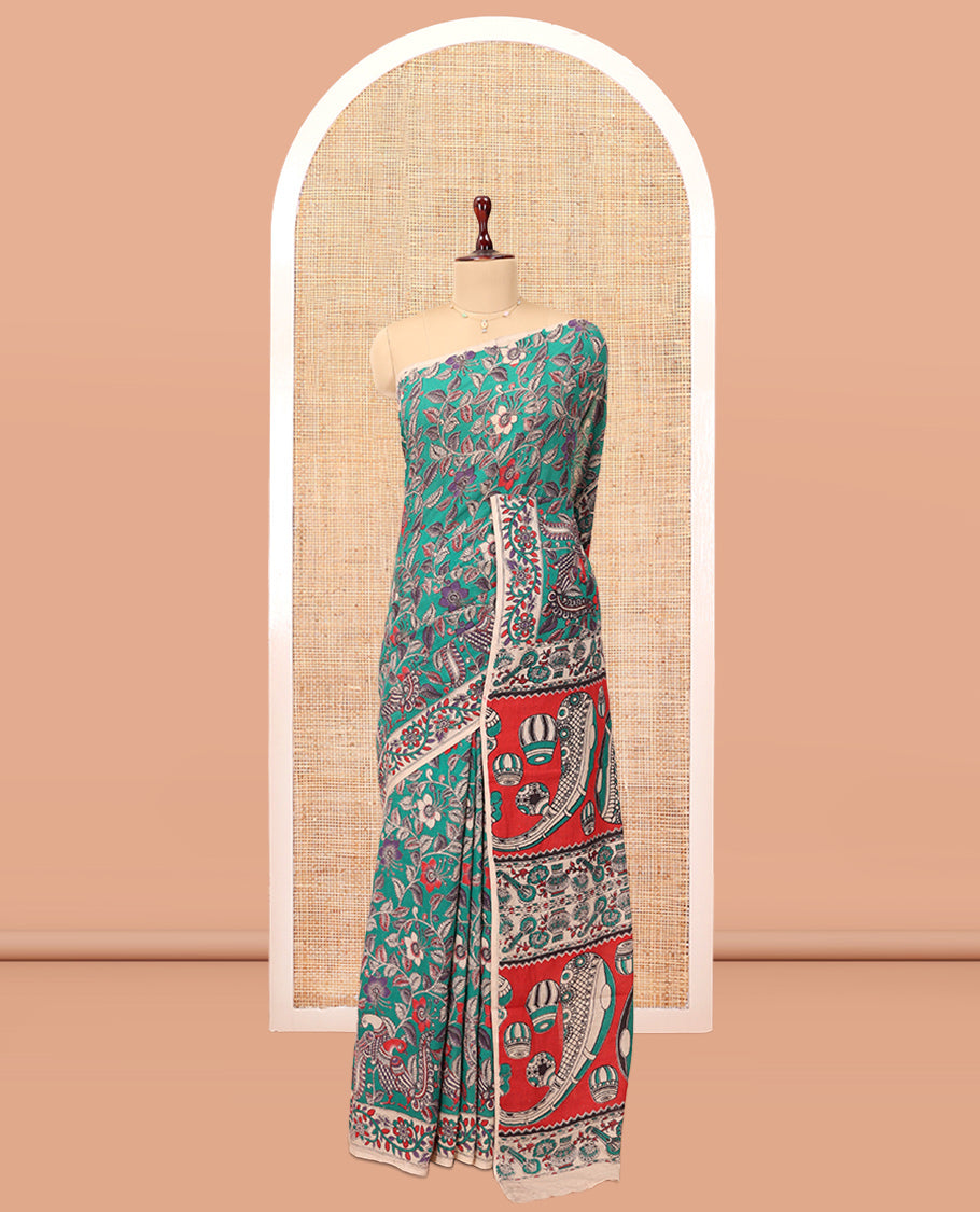 Blue Kalamkari Cotton Saree, Adorned with Floral Vine Print, Contrast Printed Border, Kalamkari Musical Instrument Motifs Pallu, and a Contrast Blouse