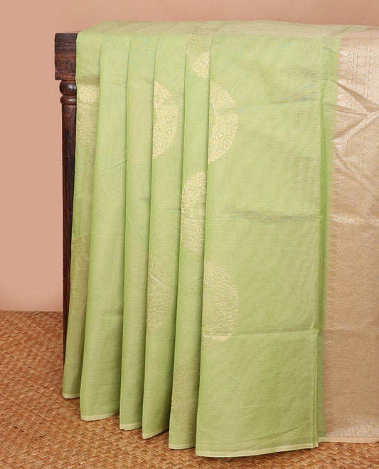 Borderless green zari buttas Combatiore cotton saree, contrast floral vine zari pallu