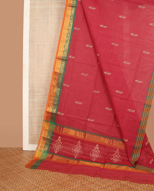 Red micro-checked & peacock buttas Andhra cotton saree, contrast zari border & pallu of zari stripes & intricate motifs