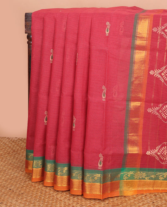 Red micro-checked & peacock buttas Andhra cotton saree, contrast zari border & pallu of zari stripes & intricate motifs