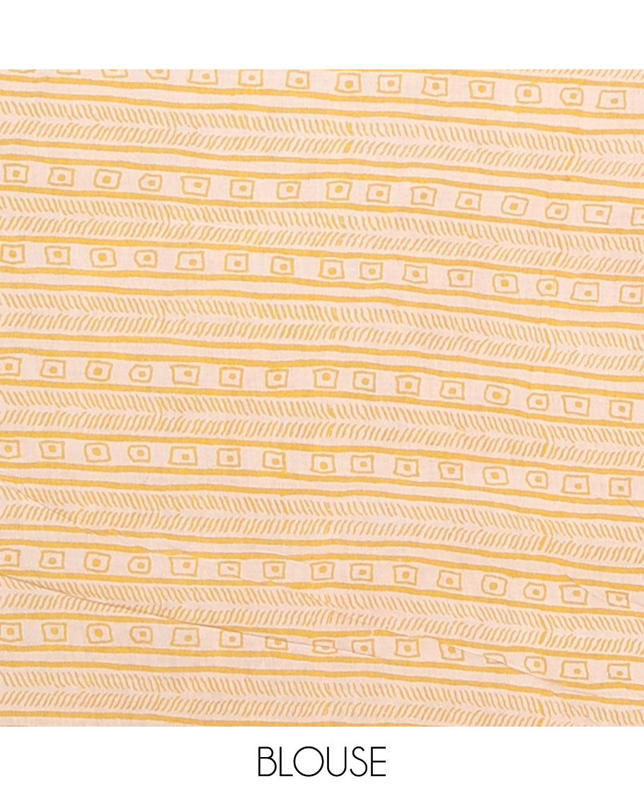 Off-white floral vine & peacocks machine-printed kalamkari cotton saree, contrast floral-geometric printed border  & pallu