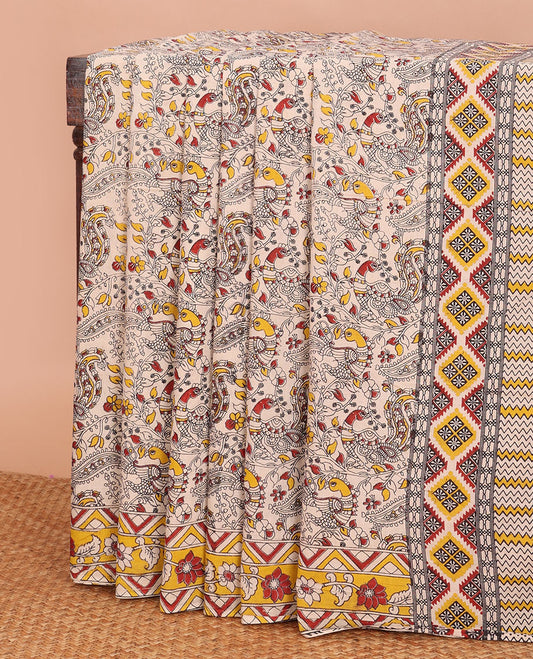 Off-white floral vine & peacocks machine-printed kalamkari cotton saree, contrast floral-geometric printed border  & pallu