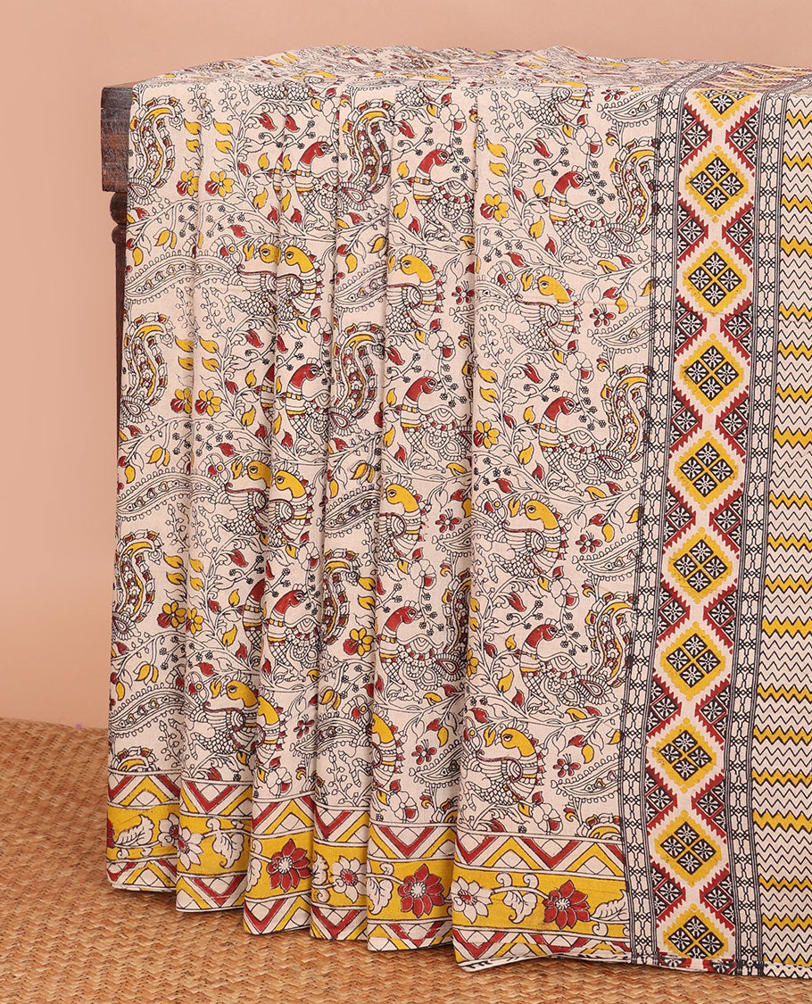 Off-white floral vine & peacocks machine-printed kalamkari cotton saree, contrast floral-geometric printed border  & pallu
