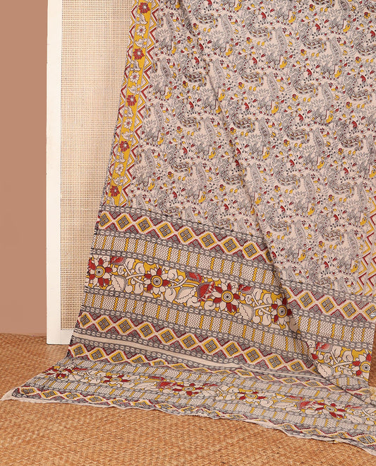 Off-white floral vine & peacocks machine-printed kalamkari cotton saree, contrast floral-geometric printed border  & pallu