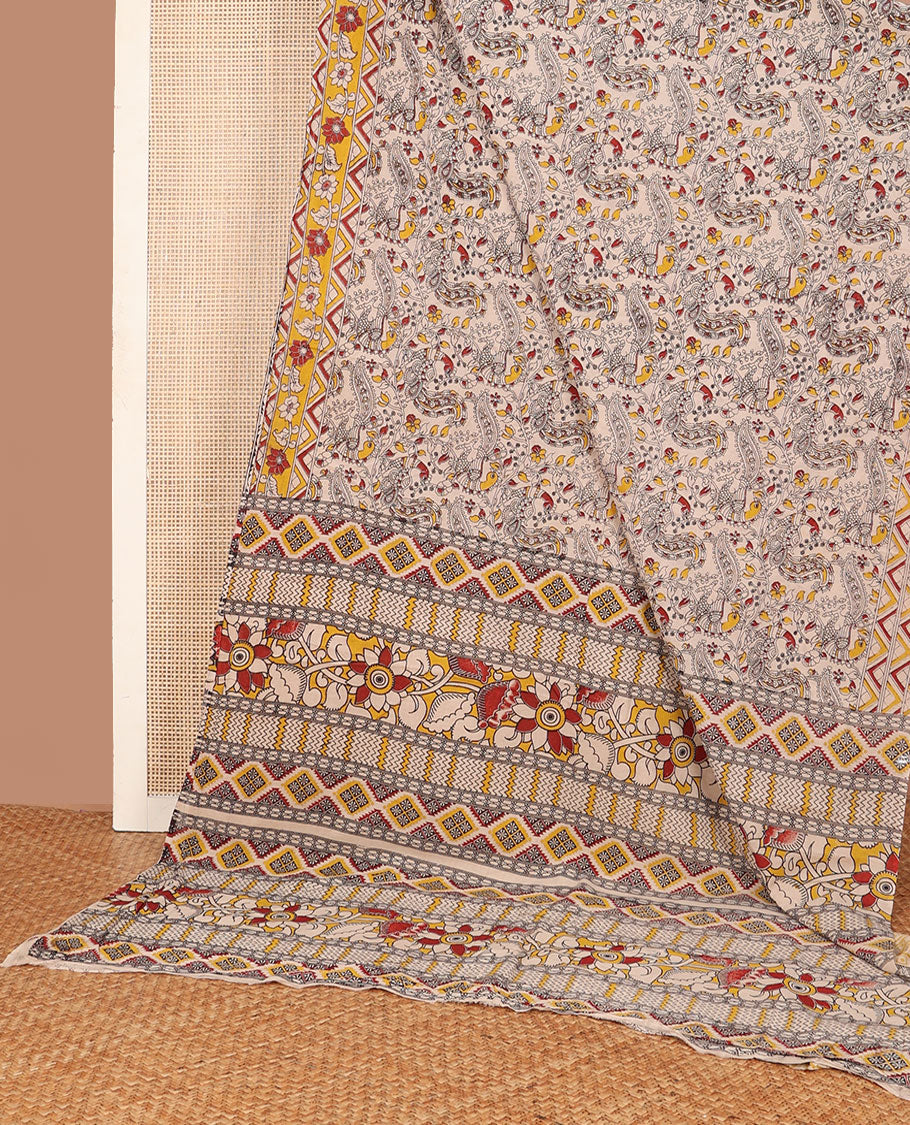 Off-white floral vine & peacocks machine-printed kalamkari cotton saree, contrast floral-geometric printed border  & pallu