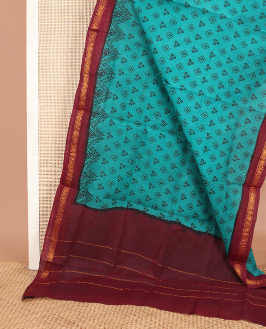 Blue unique motifs printed Sungudi cotton saree, contrast traditional zari border & zari striped pallu