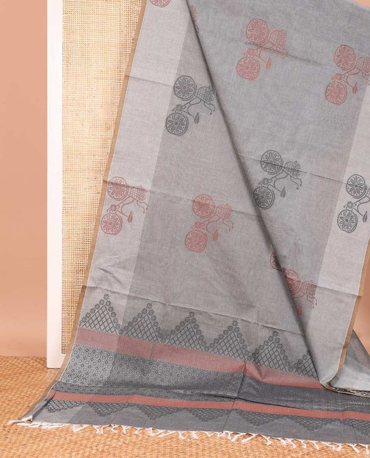 Grey Coimbatore cotton saree with cycle with flower basket motifs, contrast cycle motif border, and pallu of jaal design