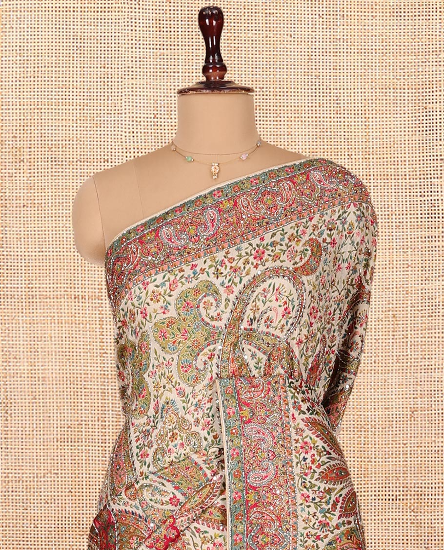 Multi-Color Dola Silk Saree, Masterfully Printed with Colorful Floral-Paisley Design on Its Body, Complemented by Contrast Print and Embroidery Border, Intricately Designed Pallu, and Paired with a Matching Blouse