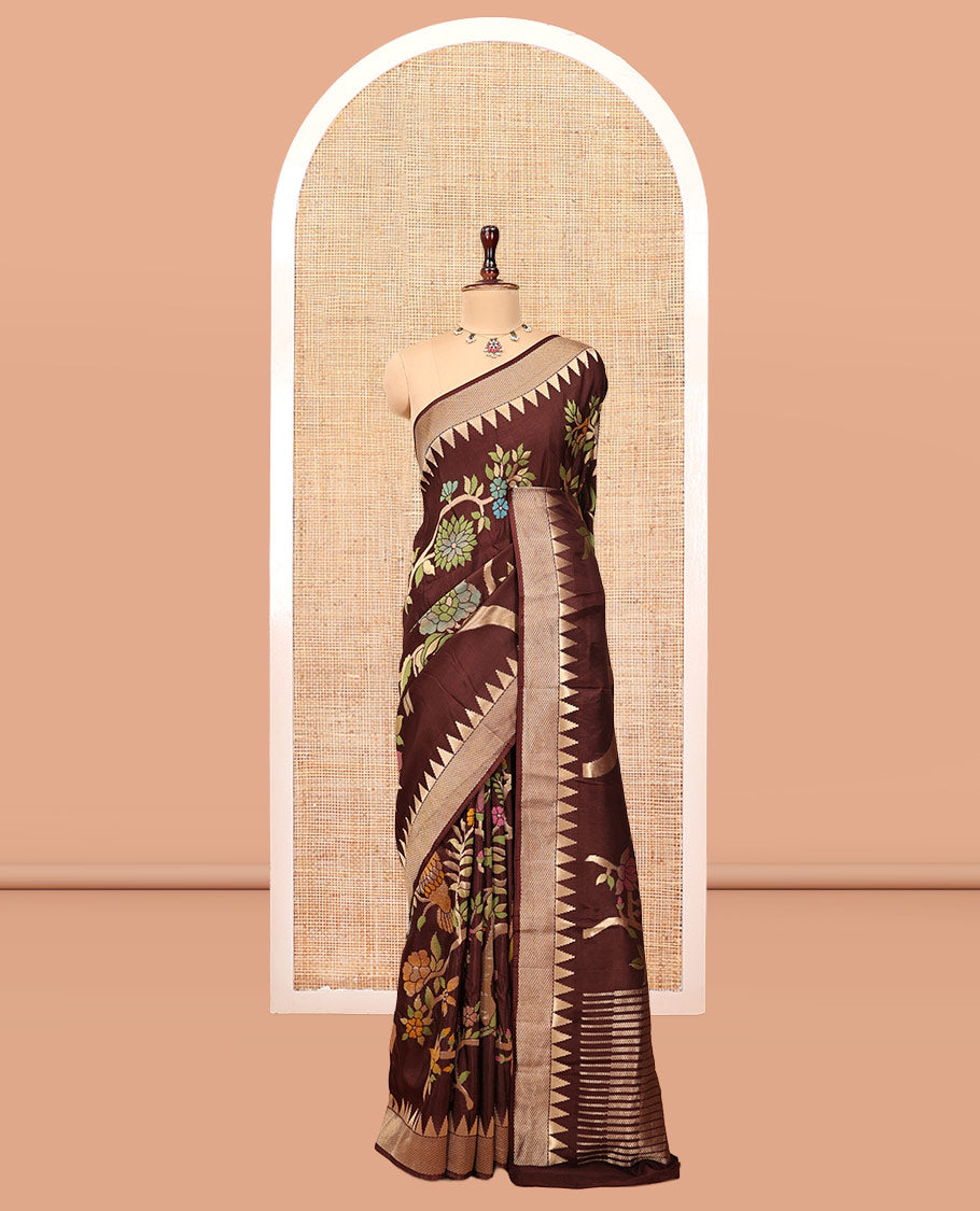 Coffee Brown Paithani Floral Motifs Dola Silk Saree, Temple Border, Matching Blouse