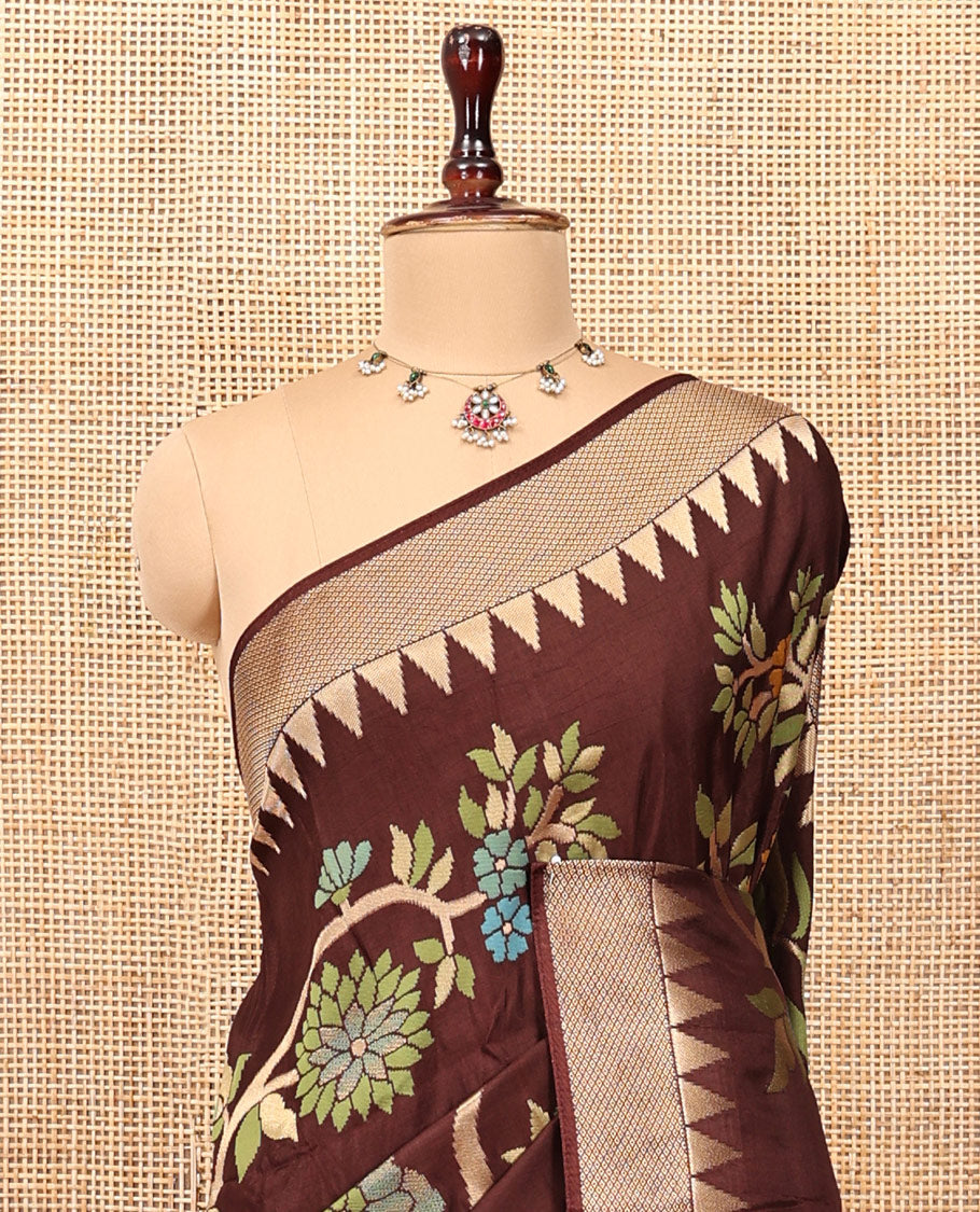 Coffee Brown Paithani Floral Motifs Dola Silk Saree, Temple Border, Matching Blouse