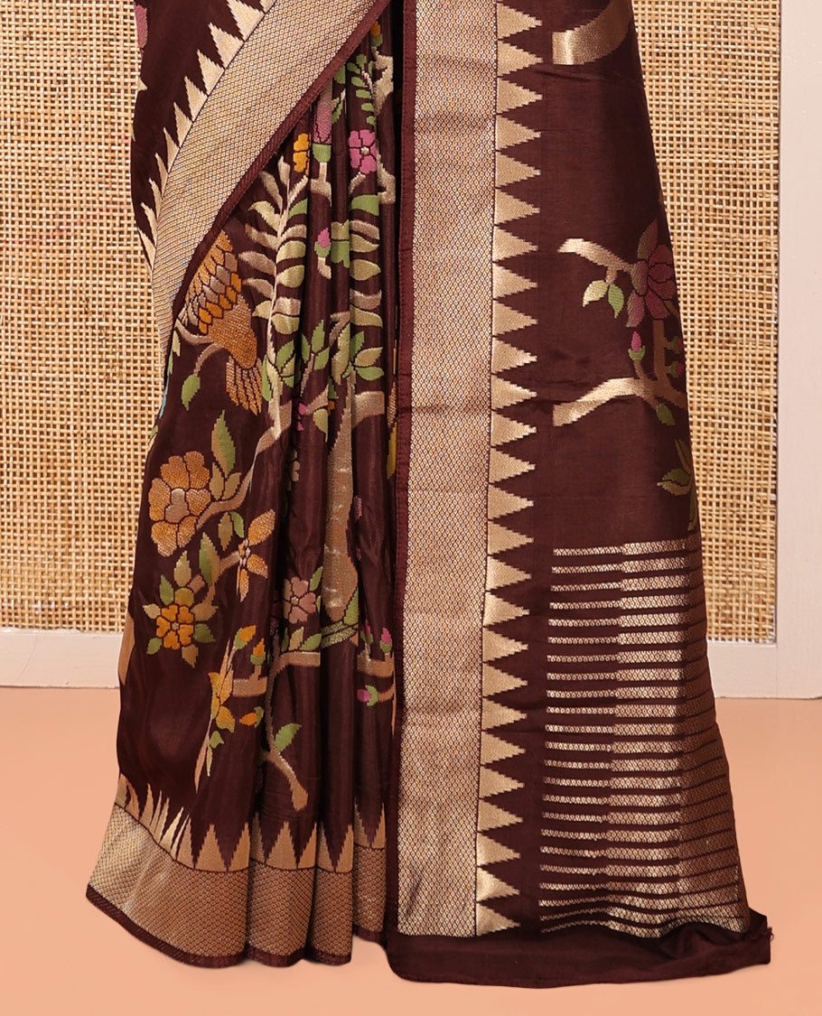 Coffee Brown Paithani Floral Motifs Dola Silk Saree, Temple Border, Matching Blouse