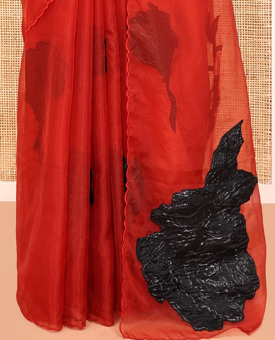 Red Turkey Organza Saree Depicting Floral Applique Embroidery, a Scallop Border, Matching Blouse