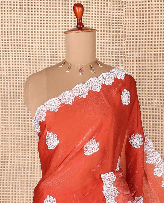 Orange designer saree with silver embroidery thread, intricate motifs  & scallop embroidery boder