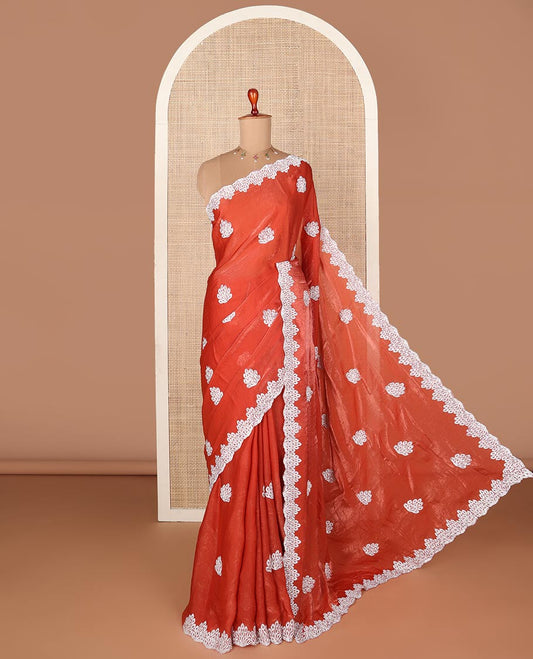 Orange designer saree with silver embroidery thread, intricate motifs  & scallop embroidery boder
