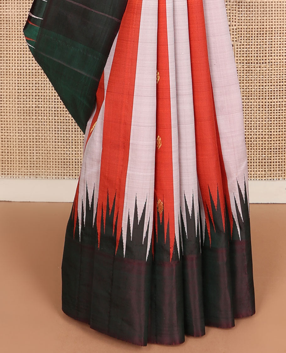 Red-pink stripes & zari buttas kanchipuram silksaree, contrast one-sided thazampoo rekku border & zari design pallu