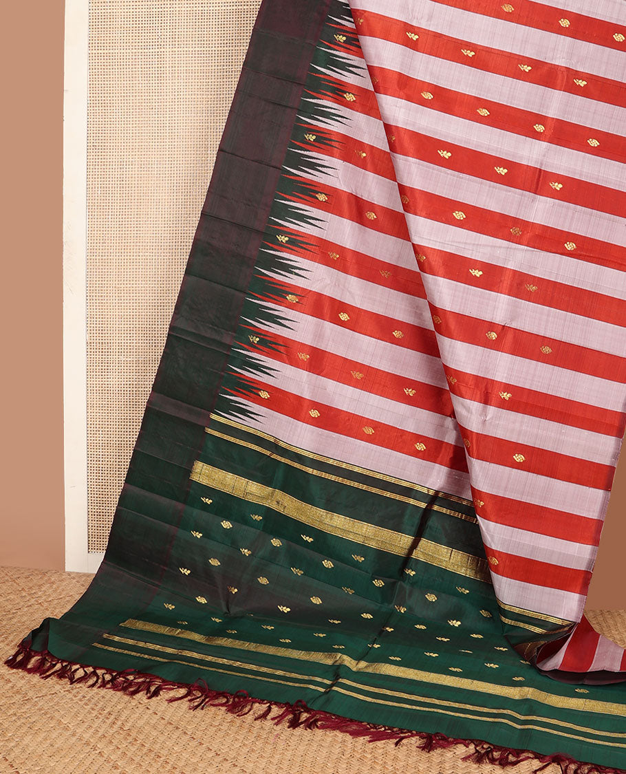 Red-pink stripes & zari buttas kanchipuram silksaree, contrast one-sided thazampoo rekku border & zari design pallu