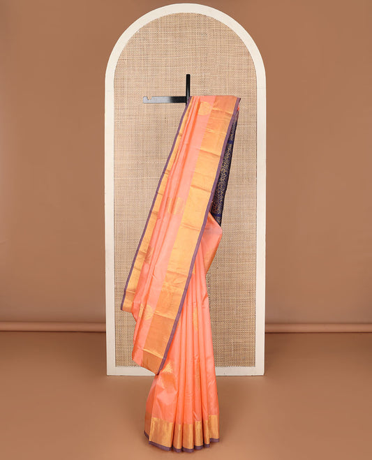 Peach manga zari buttas Kanchipuram silk saree, contrast bavanji border & pallu of floral designs