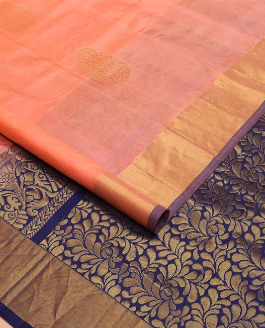 Peach manga zari buttas Kanchipuram silk saree, contrast bavanji border & pallu of floral designs