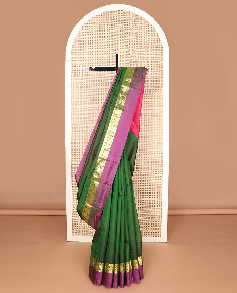 Green dual-tone zari buttas silk saree, contrast border of salngai, rudraksham,vanki & mayil & zari design pallu