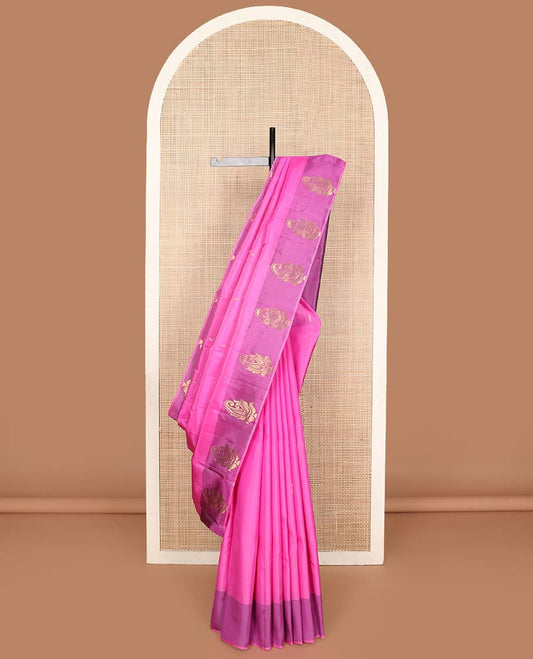Pink zari buttas Kanchipuram silk saree, contrast manga design border, and pallu of manga zari designs