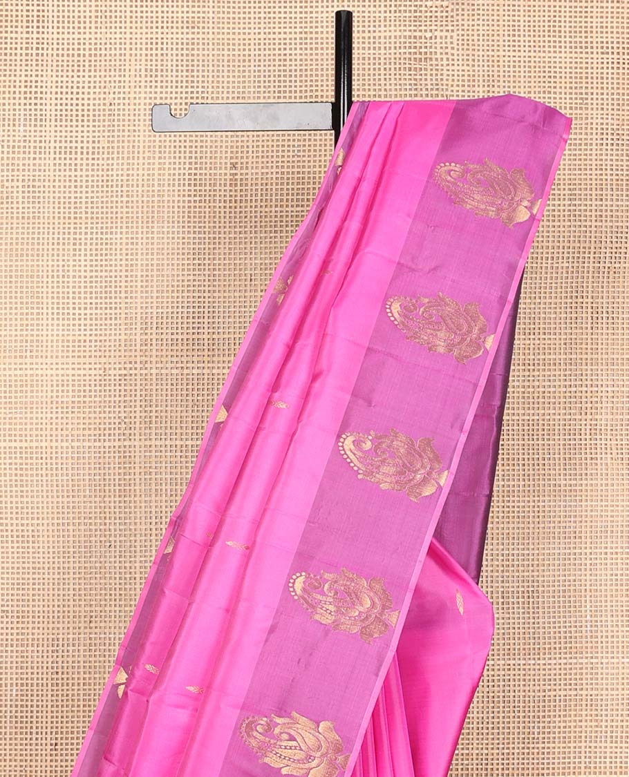 Pink zari buttas Kanchipuram silk saree, contrast manga design border, and pallu of manga zari designs